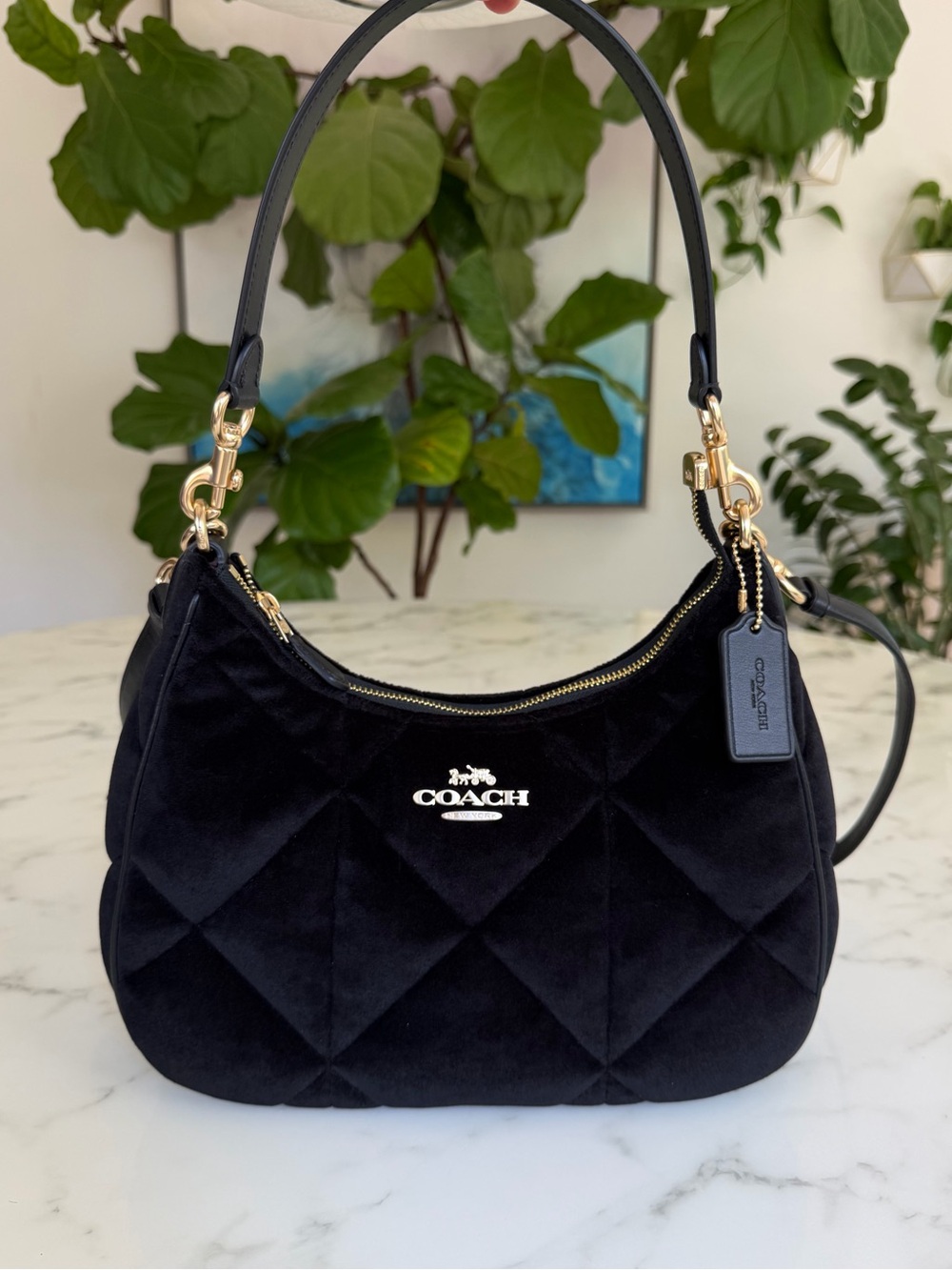 Coach Teri Hobo Crossbody Shoulder With Quilting Black Velvet Gold CO956